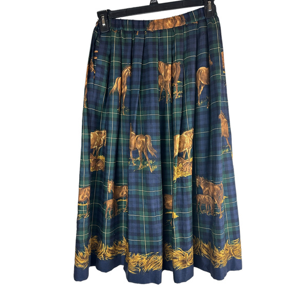 Susan Bristol Horse Print A Line Skirt Equestrian Tartan Plaid Western 10 Petite - Picture 2 of 8